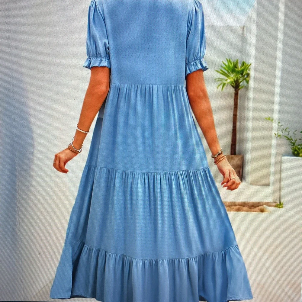 Light Blue V-Neck Tiered Maxi Dress with Button Detail - Picture 5 of 5